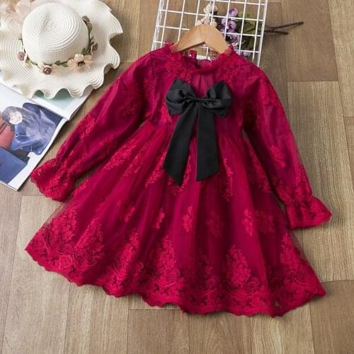 Girls Dress 2021 New Arrival Spring Autumn Elegant Princess Floral Lace Dress with Bow