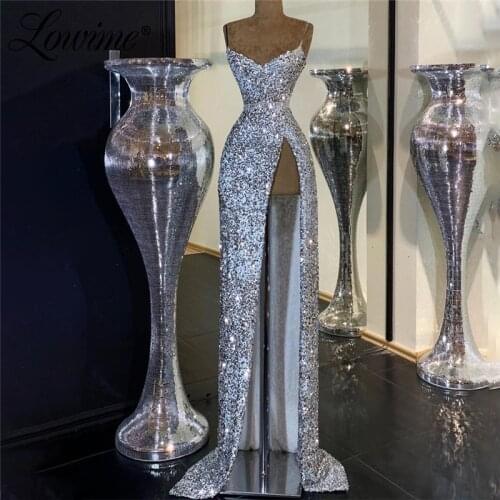 Sequin Silver Party Dresses 2021 Custom Made Long Prom Dress Vestido De Festa With High Split Side Hot Sexy African Evening Gown