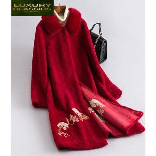 Female Real Fur Coat Embroidery Vintage Mink Fur Collar Sheep Shearing Jacket Women Clothes 2021 Korean Wool Coats 2094