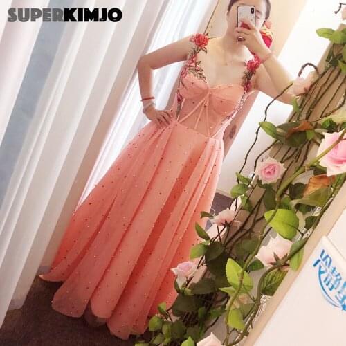 SuperKimJo Bestidos De Gala 2020 Peals Coral Prom Dresses Embrodiery Applique Elegant A Line Beaded Prom Gown