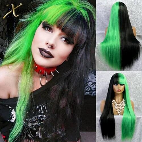 XUMOO Half Black Half Green Synthetic Wig Long Straight Non-Lace Wig With Bangs Pink Purple Cosplay Wigs For Black Women