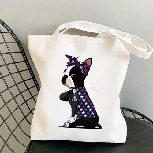 2021 Shopper Bandanas Boston Terrier I LOVE MOM Printed Tote Bag women shopper handbag girl Shoulder shopping Lady Canvas Bag