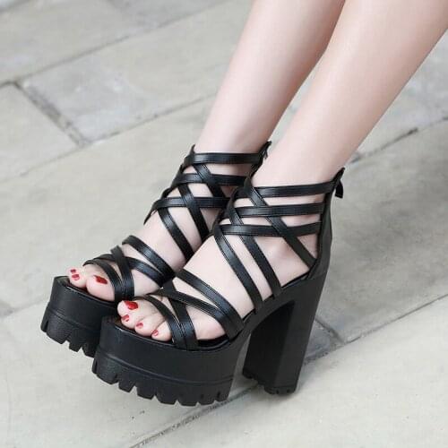 Black Summer Sandal Shoes for Women 2021 New Arrival Sexy Peep Toe Thick Heels Sandals Platform Casual Russian Shoes Women