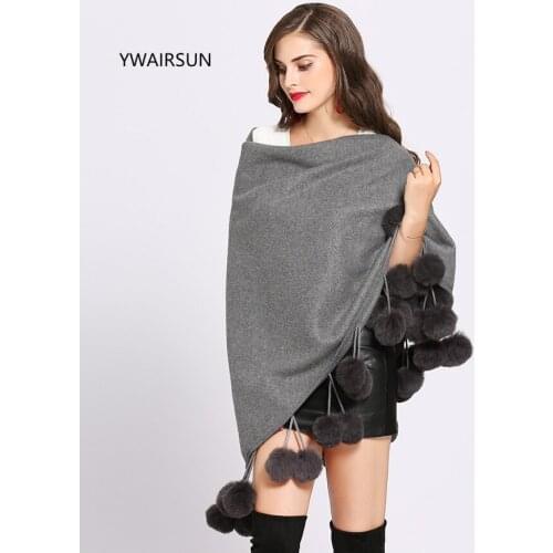YWAIRSUN Elegant womens oversized knitted cashmere cloak shawl Pashmina triangle scarf imitation rabbit hair ball shawls mujer