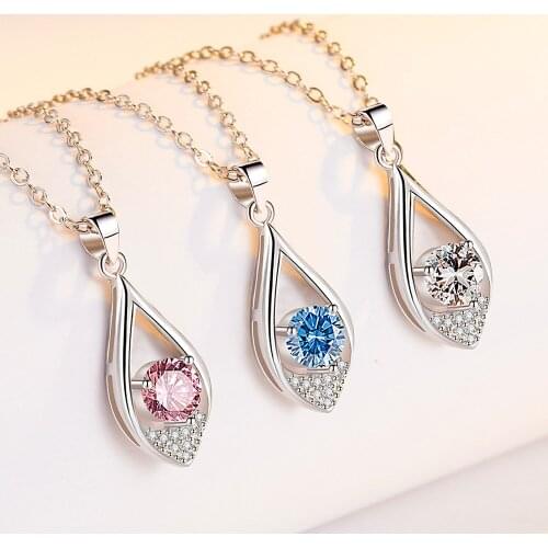 New Arrival 100% 925 Sterling Silver Trendy Water Drop Shiny CZ Zircon Ladies Pendant Necklace For Women Short Box Chains