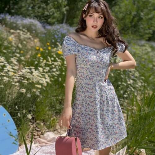 2020 New French Vintage Pastoral Purple Off-Shoulder Floral Woman Dress Above Knee Square Collar A-Line Dresses Slight Elastic