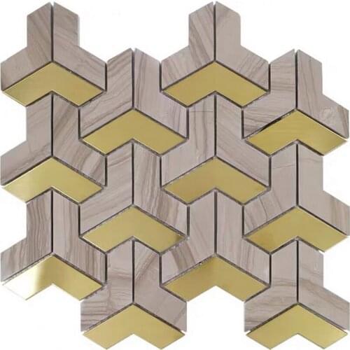 Gold steel metal mosaic tile mix marble tile DIY wallpaper for bar decoration