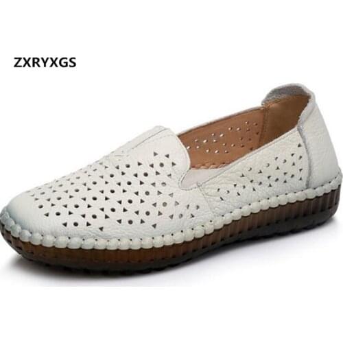 2019 New Summer Hollow Round Head Genuine Leather Shoes Sandals Soft Comfortable Mom Shoes Casual Sneakers Flat Sandals Sneakers