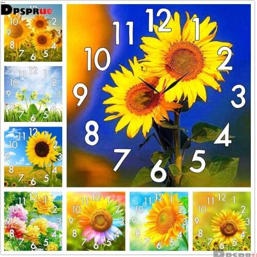 Dpsprue Full Diamond Painting Cross Stitch With Clock Mechanism Mosaic 5D Diy Square Round SunFlower 3d Embroidery Gift HG23