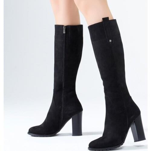 Callizio Women Genuine Leather Boots Knee High Block Heels Big Size 10 Sexy Designer Luxury Winter Breathable Handmade Female Lady Comfortable Elegant Sexy Party Office Formal Knee Boot Shoes for Woman 2021 Footwear