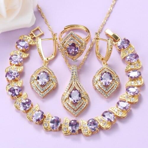 Dubai Jewelry Sets 2020 Fashion Women Wedding Accessories Gold-Plated Natural Purple Crystal Necklace 4-Piece Sets