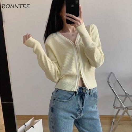 Cardigan Women Design Cropped 3 Colors Zipper Slim Harajuku Simple All-match Popular Trendy Cozy College Spring Ladies Retro Ins