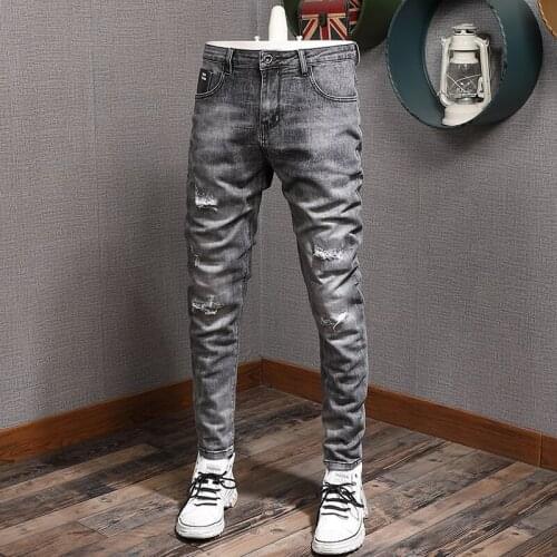 Korean Style Fashion Men Jeans Retro Gray Elastic Cotton Slim Fit Ripped Jeans Streetwear Vintage Designer Denim Pencil Pants