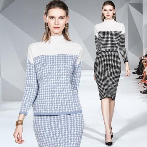 Autumn And Winter Ladies Knitted Skirt Suit Houndstooth Long-Sleeved High-Neck Loose Sweater Small Fragrance High-Waist Skirt