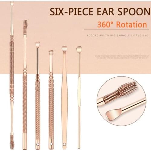 6 Pcs/Set Portable Stainless Steel Spiral Ear Pick Spoon Earwax Removal Cleaning Earpick Ear Cleaner Ear Spoon Care Tools