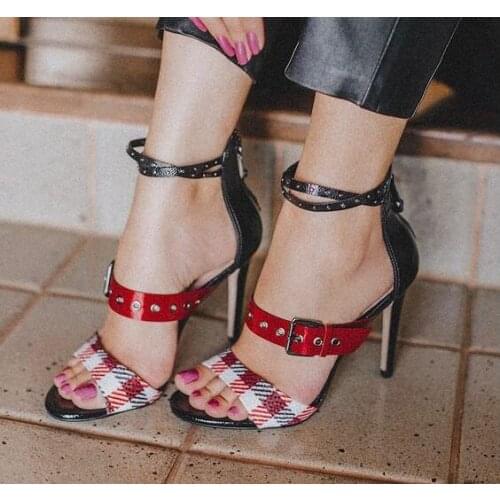 Drop Shipping Summer Women Fashion Cheap High Quality Patchwork Grid Rivets 100 mm Sexy Party Heels Sandals Shoes Lady Big Size