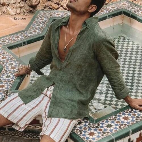 Spring Summer Cotton Linen Blouse Men Fashion Solid Long Sleeve Tops Shirts Mens Casual Turn-Down Collar Blusa Strettwears