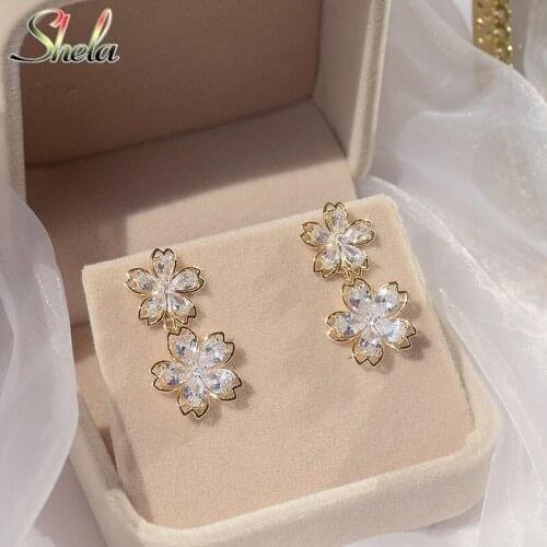 Romantic Super Shine Double Flowers Women Earrings Bling AAA Zirconia CZ Stud Earring Wedding Jewelry Pendant High Quality