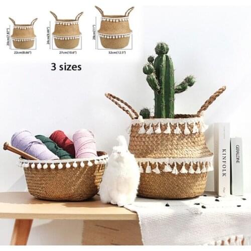 Folding Wicker Storage Baskets Natural Seagrass Potted Planter Laundry Basket Folding Rattan Hanging Basket Home Bohemian Decor