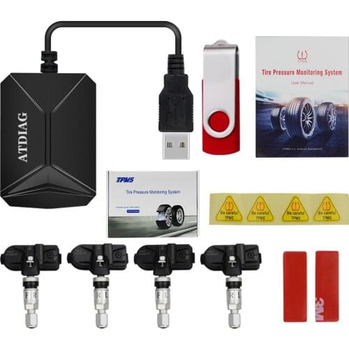 TPMS Car Tire Pressure Monitor USB Android With 4 External Sensors 116 Psi Monitoring Alarm System 5V Wireless Transmission