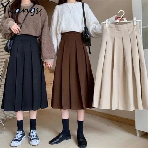 Japanese Long Pleated Skirts Women Midi Daily Solid Casual All-Match Students Simple Fashion Popular School Girls Harajuku Sweet