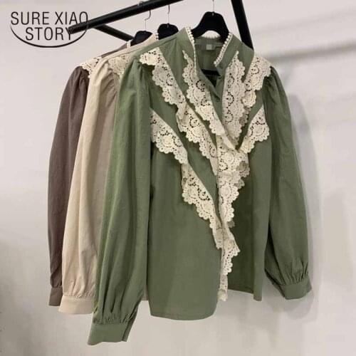 Lace Stitching Stand-up Collar Ladies Tops Fashion Autumn Temperament Blouse Women Palace Style Long Lantern Sleeve Shirt 12797