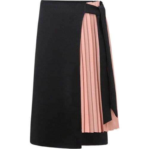 American chiffon womens midi skirt mid-length Lace-up skirt high waist long pleated skirt for women Asymmetrical BSQ163
