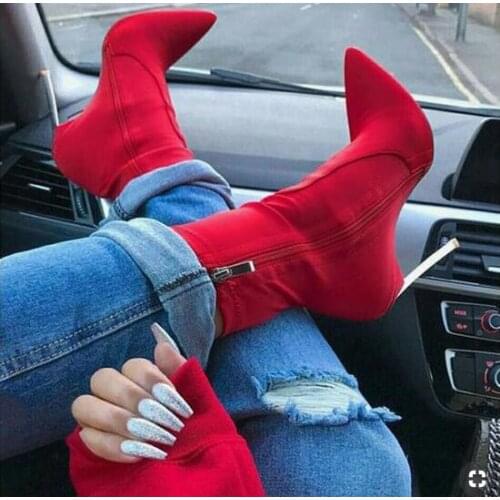 Amazing Pointed toe Stiletto Heel Women Ankle Boots Red Yellow Black Suede Blade Heels Runway Boots Sexy Socks Ankle Boots