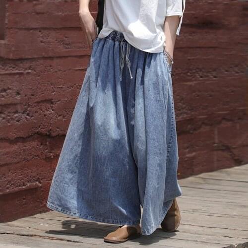 Johnature Spring All-match Full Length Elastic Waist Lace Up Wide Leg Pants 2021 New Loose Comfortable Pockets Women Denim Pants
