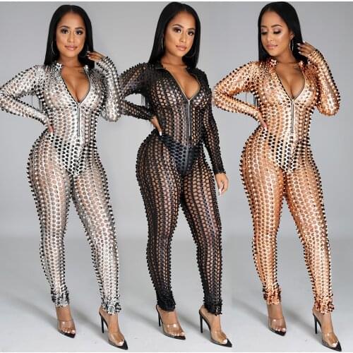 Women Sexy Jumpsuit Clubwear Deep V Neck See Through Exotic Sheer Romper Slim Night Club Outfit Evening Party Celebrity Birthday