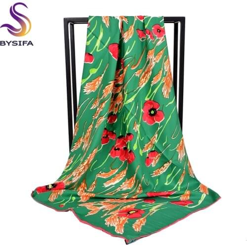 [BYSIFA] 2018 New Green Silk Scarf Shawl Women Spring Autumn Twill Large Square Scarves Wraps Elegant Floral Headscarf 90*90cm