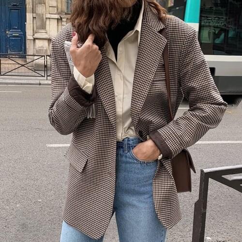 Womens Vintage Houndstooth Blazers Chic England Style Single Breasted Suit Jacket Ladies Office Elegant Suit Outwear Blazers