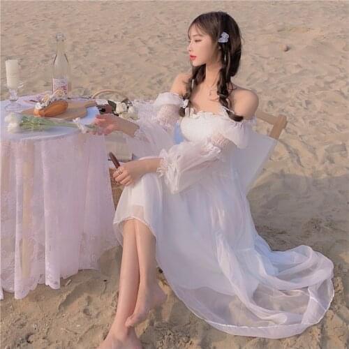 2021 Summer Elegant Casual Fairy Dress Female Beach One Piece Dress Korean Chiffon Lace French Vintage Midi Dess Women Chic