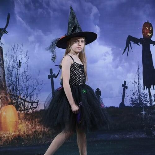 Wicked Spider Witch Halloween Costume Kids Party Dresses Scary Baby Costume Gothic Ball Gown Black Girl Dress and Hat Tutu Dress