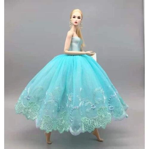 1:6 Light Blue Floral Lace Wedding Dress for Barbie Doll Clothes Evening Party Gown Outfits 11.5" Dolls Accessories Kids Toy 1/6