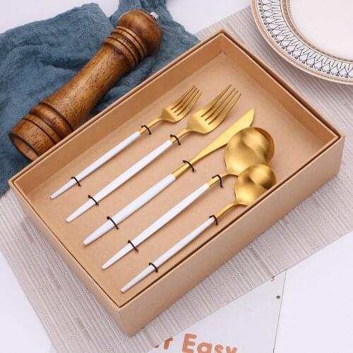30Pcs Cutlery Dinnerware Set Matte White Gold Stainless Steel Tableware Set Forks Knives Spoons Fork Spoon Set Wedding Gift Box