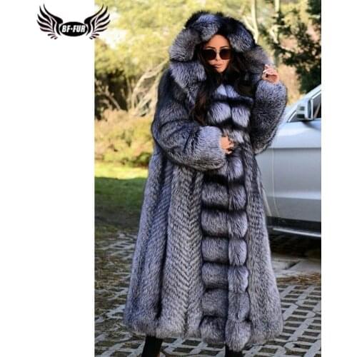 BFFUR Luxury Real Silver Fox Fur Coats For Women 2021 Winter Fashion Whole Skin Fox Fur Jackets Thick Warm Overcoat High Quality