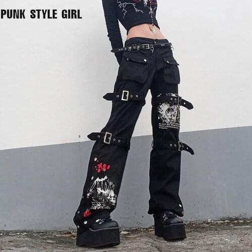 Gothic Emo Alt Pants Eyelet Buckle Black Denim Trousers Steerwear Dark Wind Academic Print Low Waist Techwear Cargo Jogger