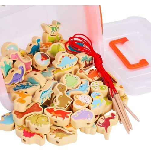 68pcs Lacing Beads Toys Funny Wooden Animal String Threading Beads Montessori Educational Toys For Toddlers Children Kids
