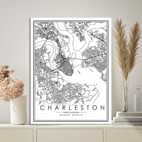 Black and white Posters charlestion map wall art canvas painting hd print for Living room Bedroom Bar Cafe Home Decoration frame