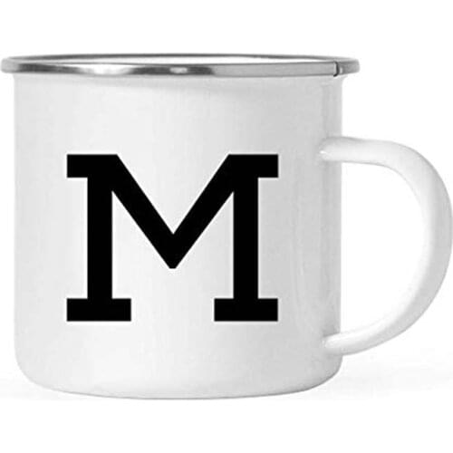 Stainless Steel Campfire Coffee Mug Gift, Camp Monogram Initial M, Birthday Christmas Outdoors Metal Enamel Camping Cup