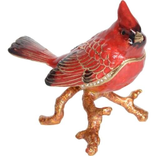 Cardinal Bird Jeweled Metal Enameled Trinket Box Bird Figurine Collectible Ring Holder