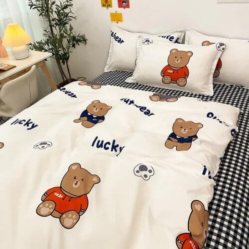 Cute Bear Bedding Set for Kids Fashion Flat Sheets Adult Bed Linen Duvet Quilt Cover Pillowcase Kawaii Boys Girl