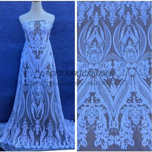 La Belleza 1 yard New White/black/Gold/ Champgane/green/blue on beige backgroun sequins lace fabric 51'' width