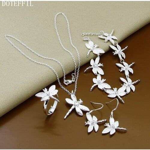 DOTEFFIL 925 Sterling Silver AAA Zircon Dragonfly Necklace Bracelet Earring Ring Set For Woman Wedding Engagement Party Jewelry