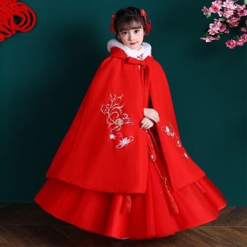 Girls Hanfu Cape winter new Embroidery Long Cloak Chinese Children Ancient Style Mantle Kids New Years Wear Keep Warm