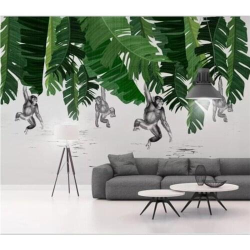 Beibehang Wallpaper custom large high-end Nordic modern minimalist banana leaf monkey plant background wall papel de parede 3d