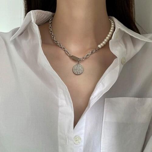 Huge Bud Punk Style Pearl Necklace Retro Badge Pendant Chain Choker Stainless Steel Clavicle For Women Trendy Jewelry Gift