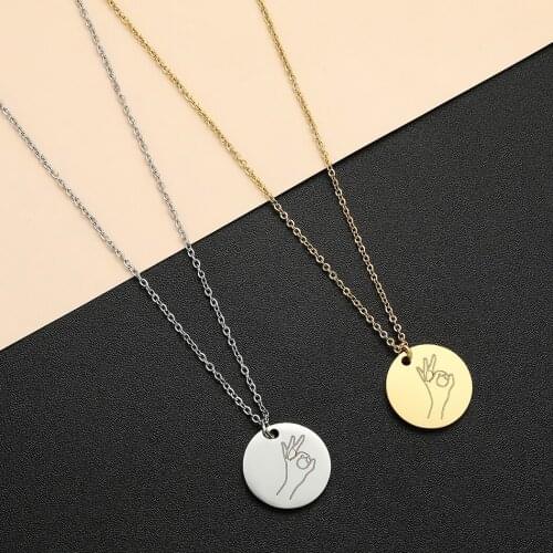 Stainless Steel Hand Gesture Ok Okay Symbol Necklace Women Men Round Charm Sign Language Friendship Necklaces Gift