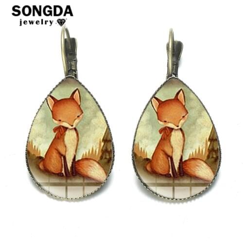SONGDA 2019 New Cartoon Fox Dangle Earrings Vintage Art Photo Glass Cabochon Teardrop Earrings Cute Animal Pendientes Party Gift